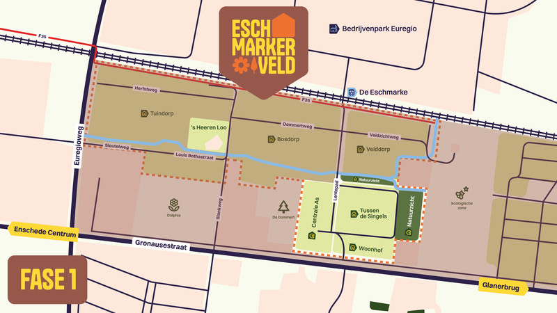 Kaartje waarop fase 1 in Eschmarkerveld uitgelicht wordt, Eschmarkerveld is een nieuw te ontwikkelen wijk tussen Enschede en Glanerbrug 